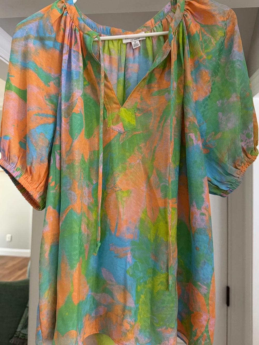 Current Air Green Orange Blue Watercolor Tie-Neck Peasant Top